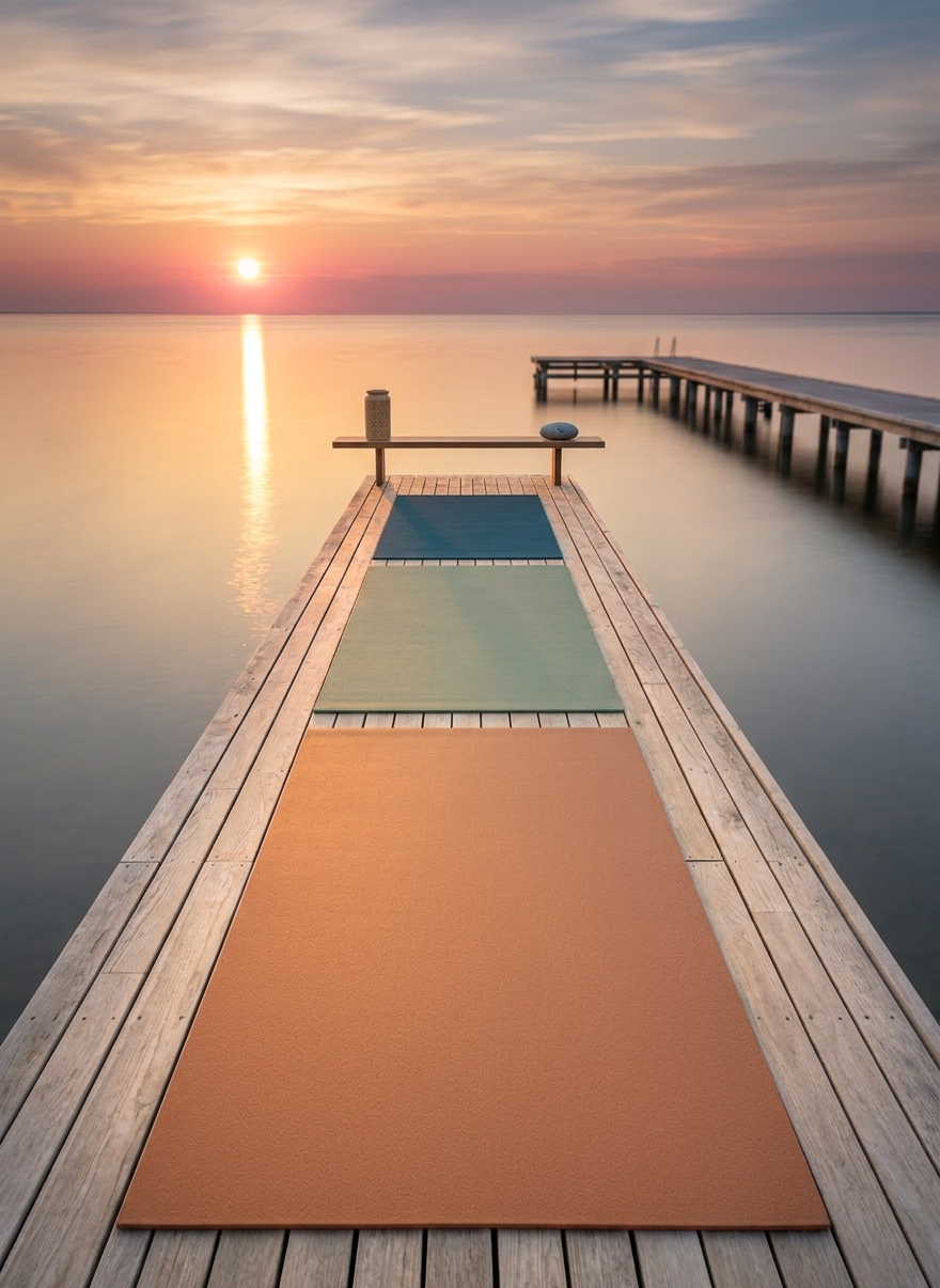 Three yoga mats in terracotta, green, and blue on a wooden dock overlooking water at sunset