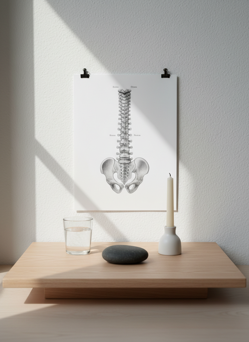 A serene, minimalistic altar-like arrangement for embodiment practice stands on a low, wide wooden platform: a single, smooth basalt stone, a small clear glass of water with faint condensation, and an unlit, slender ivory candle in a matte porcelain holder. Behind them, a finely detailed anatomical illustration of the spine and diaphragm, printed in muted gray tones, is pinned neatly to a white wall with two small black clips. Soft, indirect north-facing daylight illuminates the scene, creating delicate shadows and emphasizing edges without harsh contrast. Photographic realism, straight-on composition with strong symmetry and abundant negative space. The mood is contemplative, precise, and professional, subtly blending ritual calm with a scientific, body-oriented perspective for the site’s research-focused section.