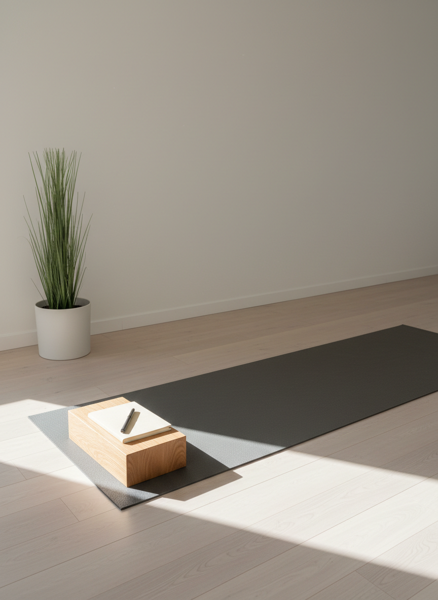 An uncluttered yoga studio corner with a thin, charcoal-gray mat extended on pale ash wood flooring, aligned precisely with the planks. At the mat’s head, a closed, cream-colored notebook and a fine black pen rest on a low, rectangular oak block, suggesting space for scientific reflection and notes. A single, tall indoor plant with slender leaves stands in a matte white cylindrical pot against a smooth, off-white wall. Late afternoon natural light creates a soft diagonal beam across the floor, with gentle gradients of light and shadow. Photographic realism, wide-angle lens at eye level, balanced composition emphasizing negative space. The mood is contemplative, grounded, and intellectually curious, linking embodied practice with scientific inquiry.