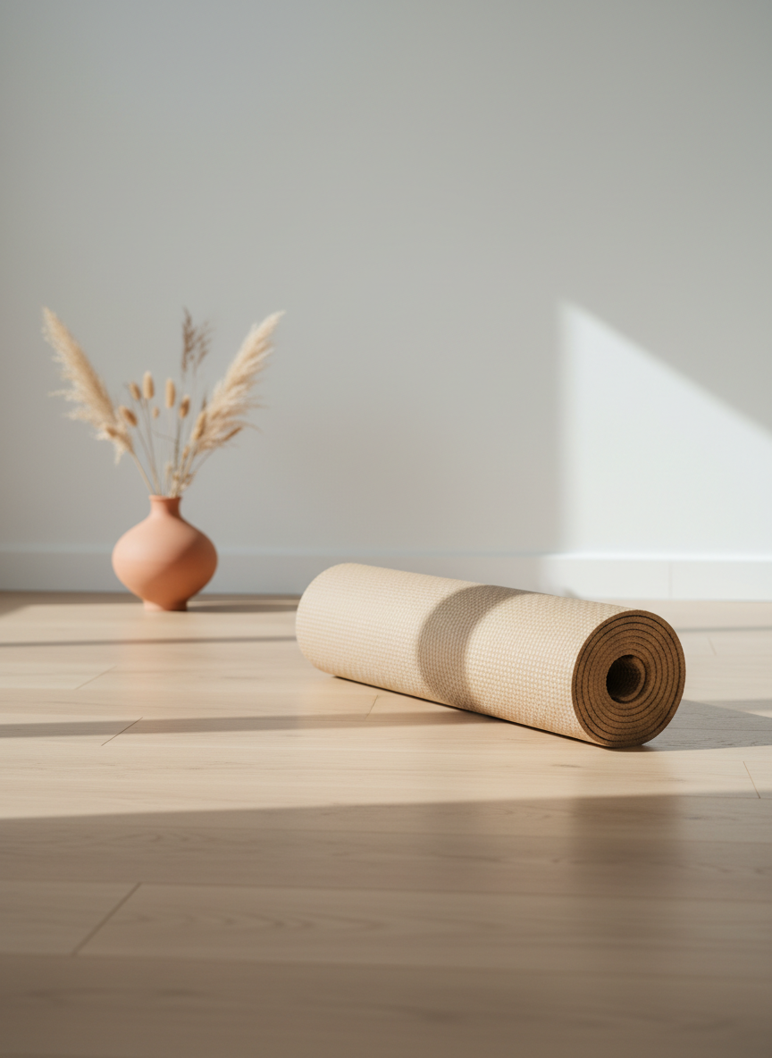 A neatly rolled, sand-colored yoga mat with a subtle woven texture rests on pale oak wooden flooring in a spacious, uncluttered studio. Behind it, a white wall is broken only by a single, low, matte clay vase holding a few dried grass stems. Soft morning daylight filters in from an unseen window to the left, casting long, gentle shadows and a calm, diffused glow across the floor. Photographic realism, eye-level composition with the mat placed using the rule of thirds, sharp focus on the mat and foreground, with the background softly blurred. The atmosphere is minimalist, serene, and professional, perfectly conveying a quiet creation space for yoga and embodiment practice.