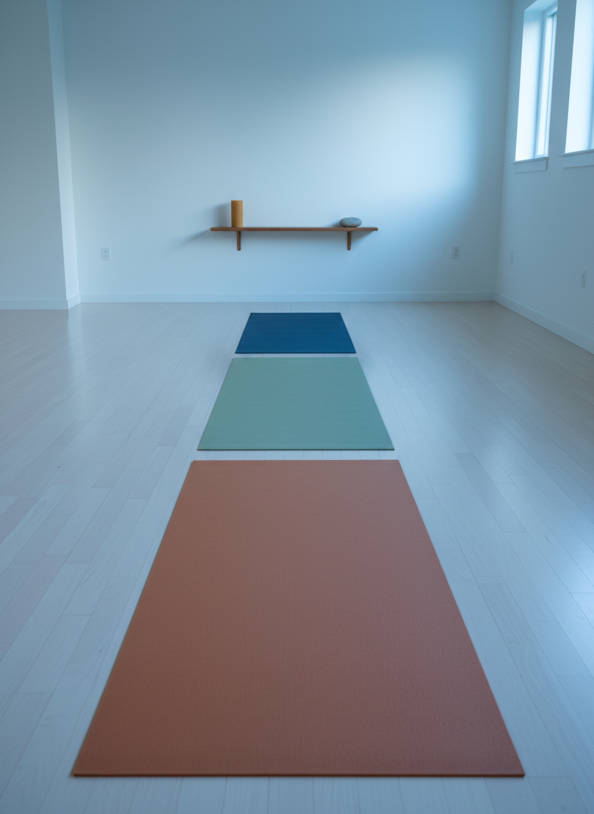A long, minimalist yoga studio photographed from the back, featuring a sequence of three different mats laid out in a line: a warm terracotta mat, a soft sage-green mat, and a deep midnight-blue mat, each with a fine, matte finish. They rest on pale birch flooring, leading the eye toward a clean white wall where a single horizontal wooden shelf holds an unlit beeswax candle and a smooth river stone. Soft pre-sunrise light enters from high windows on the right, creating a quiet blue-tinged ambiance with delicate shadows. Photographic realism, slightly elevated perspective with strong leading lines and sharp focus throughout. The atmosphere is spacious, contemplative, and subtly energetic, evoking progression from dynamic Vinyasa to restful Yin practice.