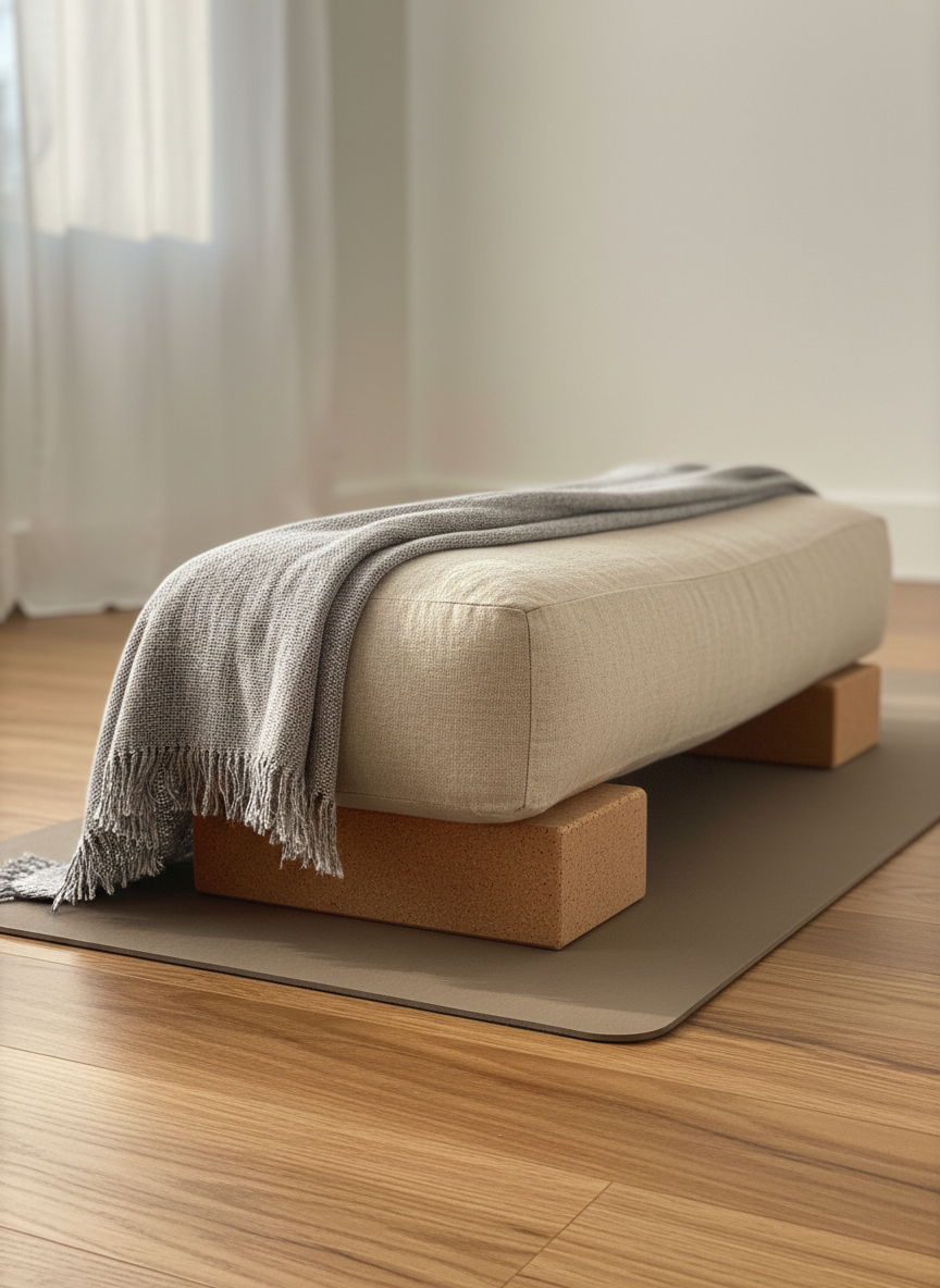 A close-up, side-on view of a yin yoga setup: a thick, oatmeal-colored bolster with visible linen texture lies across a muted taupe mat, supported by two natural cork blocks to create a gentle incline. A finely woven, soft gray blanket is draped over the bolster, with one corner casually folded to reveal its fringe. The setting is a calm studio with honey-toned wooden flooring and a barely visible, blurred-out white wall in the background. Warm, late-afternoon sunlight filters through sheer curtains, casting soft, elongated shadows and highlighting the fabric textures. Photographic realism with shallow depth of field, focus on the bolster and blocks, background dissolving into a creamy bokeh. The mood is deeply soothing, restorative, and quietly intimate, ideal for Yin and individual sessions.