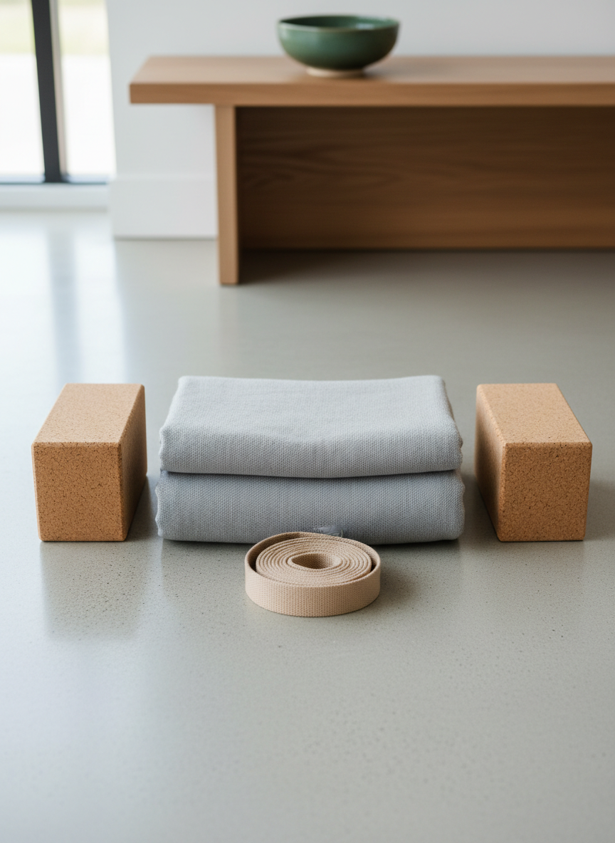 A trio of yoga props arranged with intentional symmetry on a smooth, light concrete floor: a folded organic-cotton blanket in muted stone gray, a pair of natural cork yoga blocks with visible grain, and a slender, sand-colored strap coiled in a perfect circle. Behind them, a low wooden bench with clean lines supports a single small, dark green ceramic bowl filled with water. Diffused overcast daylight enters from large, off-frame windows, creating soft, shadowless illumination and gentle reflections on the bowl. Photographic realism, shot from a slightly elevated angle with medium depth of field, highlighting textures and materials. The mood is calm, meticulous, and quietly luxurious, reflecting a professional, body-oriented practice space.